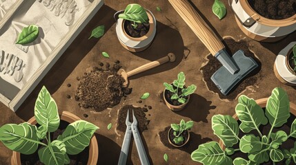 Spring Gardening and Planting: Seedlings and Gardening Tools and conceptual metaphors of Cultivation and Growth - obrazy, fototapety, plakaty