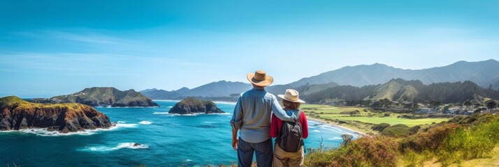 Senior couple admiring the scenic Pacific Ocean coast while hiking, filled with wonder at the beauty of nature during their active retirement - obrazy, fototapety, plakaty