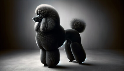 A majestic black standard poodle is portrayed in a dramatic light, its silhouette emphasizing the distinctive and elegant grooming style.Dog hairstyle concept. AI generated. - obrazy, fototapety, plakaty