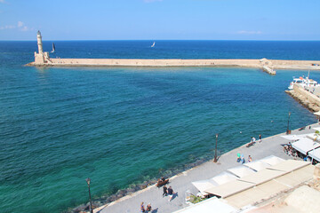 lighthouse, venitian port and mediterranean sea in chania in crete in greece © frdric