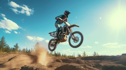Fototapeta na wymiar Extreme Motocross race Rider riding on the track jumping at high speed and height with a beautiful sky in high definition and quality, motorcycle race concept, motocross
