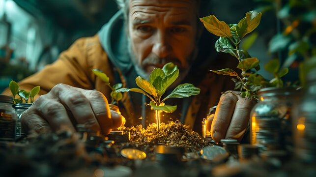 Man Closely Observing Young Sprouting Plants With Curiosity. Indoor Seedling Growth, Focused Gardening Activity. AI