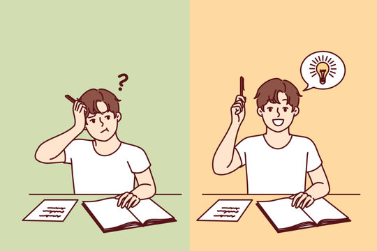 Progress schoolboy diligently doing assignments, sitting at school desk and becoming smarter thanks to quality education system. Stupid boy turns into smart boy after going to school