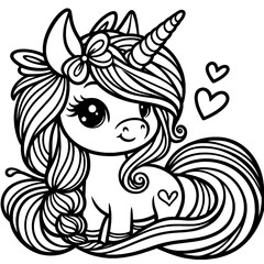 Cute unicorn for coloring, outline, line art, silhouette