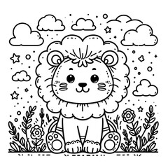 Cute lion coloring book page, outline, line art