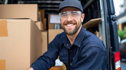 Poster smiling delivery man in a blue uniform and safety goggles is handling boxes near a delivery van © HelenP