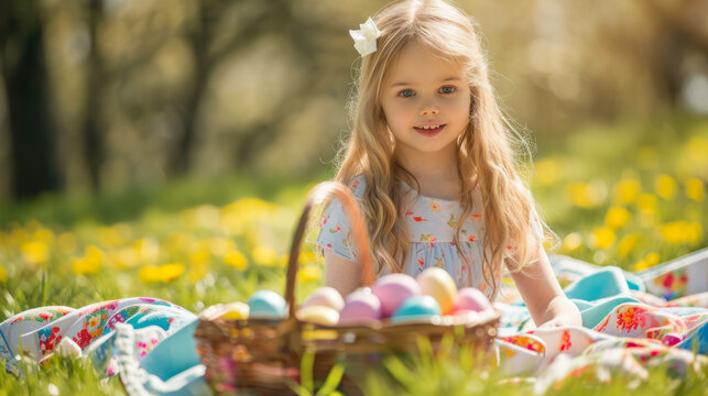 young girl with easter eggs hunt concept  on spring day picnic 