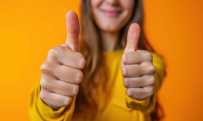 defocused  image of a woman showing thumbs up in cheerful approval with yellow background 
