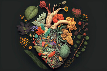 anatomical human heart made of flowers and leaves . 