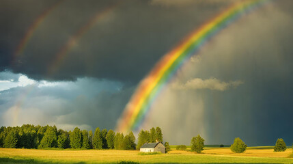 Scenic Countryside View with Rainbow Emerging from Brooding Stormy Clouds