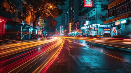 Fototapeta na wymiar Asian night city, light trails on the street in an Asian country. Created with Generative Ai technology.