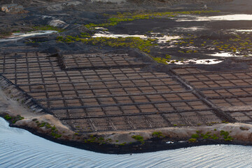 View of Janubio salt flats mines or salt pans (Salinas de Janubio) on Lanzarote, Canary Islands,...