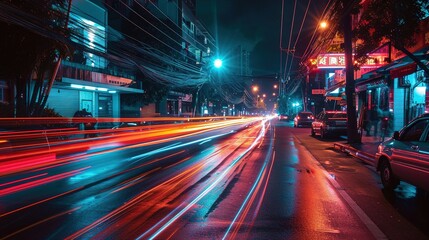Asian night city, light trails on the street in an Asian country. Created with Generative Ai technology.