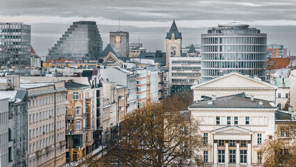 European city skyline. Buildings from above. Poznan Poland.