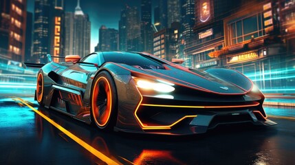 Naklejka premium A cutting-edge futuristic car cruising through the neon-lit streets of a cyber city under the night sky.