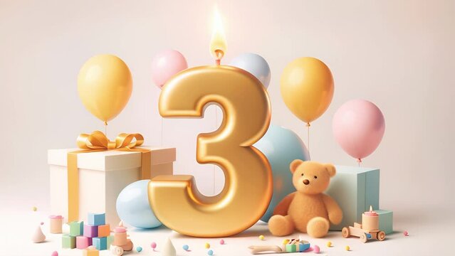 Third Birthday Bash: Celebrate a Joyous third Year with Golden Number Three candle, Pastel Balloons, and Adorable toy Teddy Bear