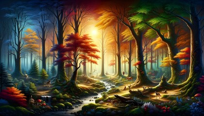 Paysage forestier automnal capturant un lever du soleil à travers les arbres, fusionnant art et nature en une scène abstraite. - obrazy, fototapety, plakaty