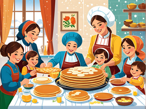 Maslenitsa Joy: Heartwarming Illustration of Shared Pancake-Making Festivity. generative AI