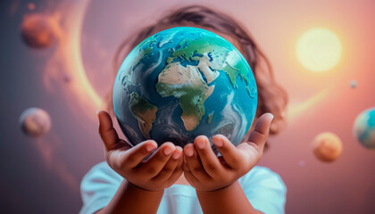 Planet Earth in the children's hands of a beautiful touching baby.