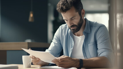 Concentrated man reading papers in front of an open laptop, indicative of working from home or managing personal paperwork in a home office setting.