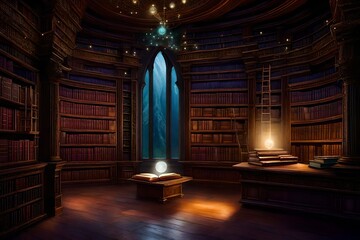 The library, with towering shelves of mystical books, is bathed in the soft, mystical glow of floating orbs of light