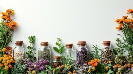 Top view of natural Medicinal Herbs bottles and leaves in a clean surface like a frame and copy space inside it, Generative AI. - obrazy, fototapety, plakaty