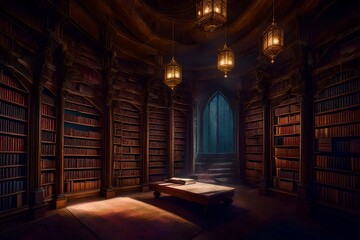The library, with towering shelves of mystical books, is bathed in the soft, mystical glow of floating orbs of light - obrazy, fototapety, plakaty