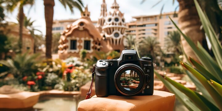 DSLR camera focused on architectural beauty, reflecting city's charm. perfect for travel blogs. AI