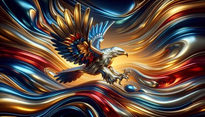 Majestic Eagle in Flight with Metallic Feathers Abstract Art