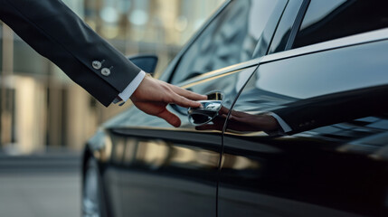 close-up view of a person in a business suit opening a black car door