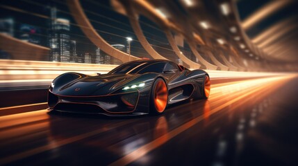 The vision of a futuristic vehicle navigating the neon-soaked roads of a cyber city during the nighttime.