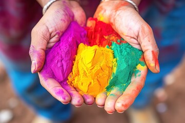 Hands Holding Vibrant Powder, pink, yellow, green, blue color powder, Unity and Joy, Ideal for Event Promotions, Colorful Holi Festival Celebrations.