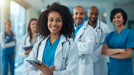 diverse group of smiling healthcare professionals, including doctors and nurses - obrazy, fototapety, plakaty