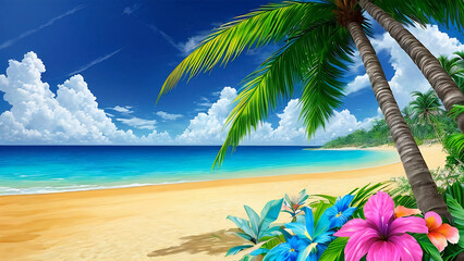 tropical beach with waves, palm trees and colorful flowers
