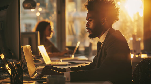 Man Smiling While Working On A Laptop In A Modern Office Environment