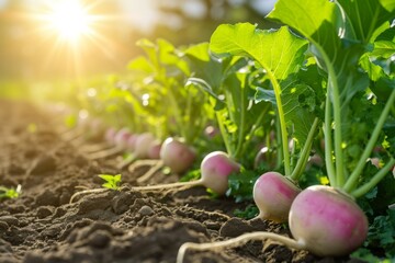 Growing radish harvest and producing vegetables cultivation. Concept of small eco green business organic farming gardening and healthy food. - obrazy, fototapety, plakaty