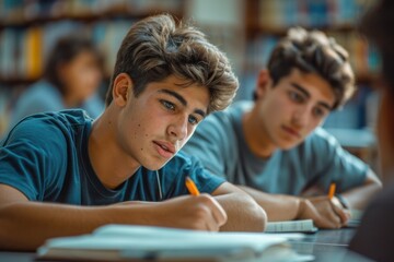 Naklejka premium boys in classroom , students writing, learning school studying and education 