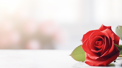 Red rose with beautiful leaf stems On a simple, elegant whith space for your text, white background.