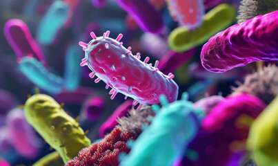 colorful gut bacteria and microbes close-up - obrazy, fototapety, plakaty