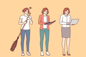 Social evolution for women in management positions, transforming from housewife with broom into manager with laptop. Evolution and progress for girls through inclusion and gender equality laws