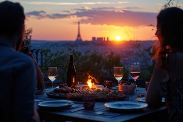 couple at sunset in the evening, rooftop dinner in Paris