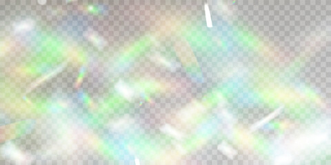Colourful vector lens, crystal rainbow light and flare transparent effects.Overlay for backgrounds.Triangular prism concept. - obrazy, fototapety, plakaty