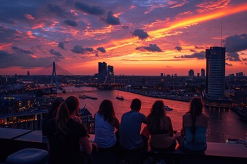 Fototapeta na wymiar city skyline at sunset, Rotterdam, rooftop and friends