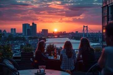 city skyline at sunset, Rotterdam, rooftop and friends - obrazy, fototapety, plakaty