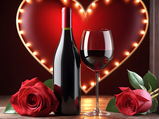 Romantic Elegance: A Captivating Composition of Valentine Wine and Red Roses in a Heart-Shaped Background, Perfect for Celebrating Love on Valentine's Day. generative AI