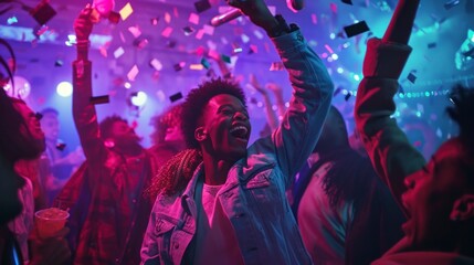 people celebrating at a disco party with neon lights - obrazy, fototapety, plakaty