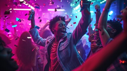 people celebrating at a disco party with neon lights with people - obrazy, fototapety, plakaty