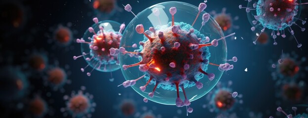 A microscopic tableau revealing a dynamic virus with intricate details, evoking a sense of urgency and imminent threat.