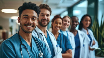 Diverse group of medical professionals, with a doctor in a white lab coat and stethoscope at the forefront, smiling at the camera. - obrazy, fototapety, plakaty