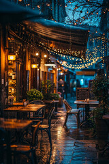 Fototapeta na wymiar Cozy cafe in the city at night, raining 